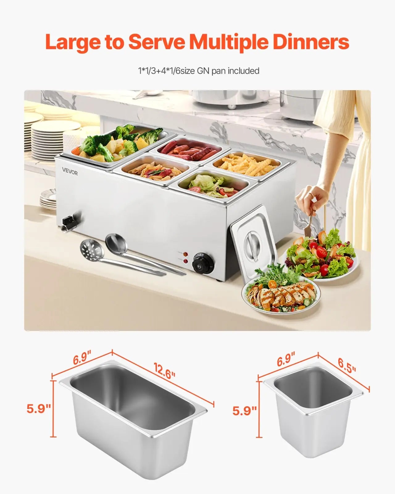 Silver stainless steel commercial food warmer with four rectangular trays 1200w countertop bain marie