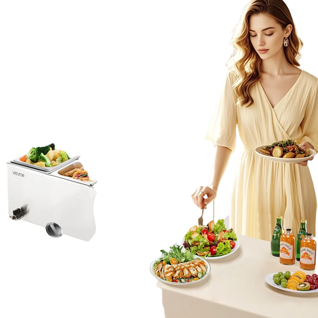 Silver Vevor commercial food warmer with four stainless steel compartments holding prepared foods for countertop use