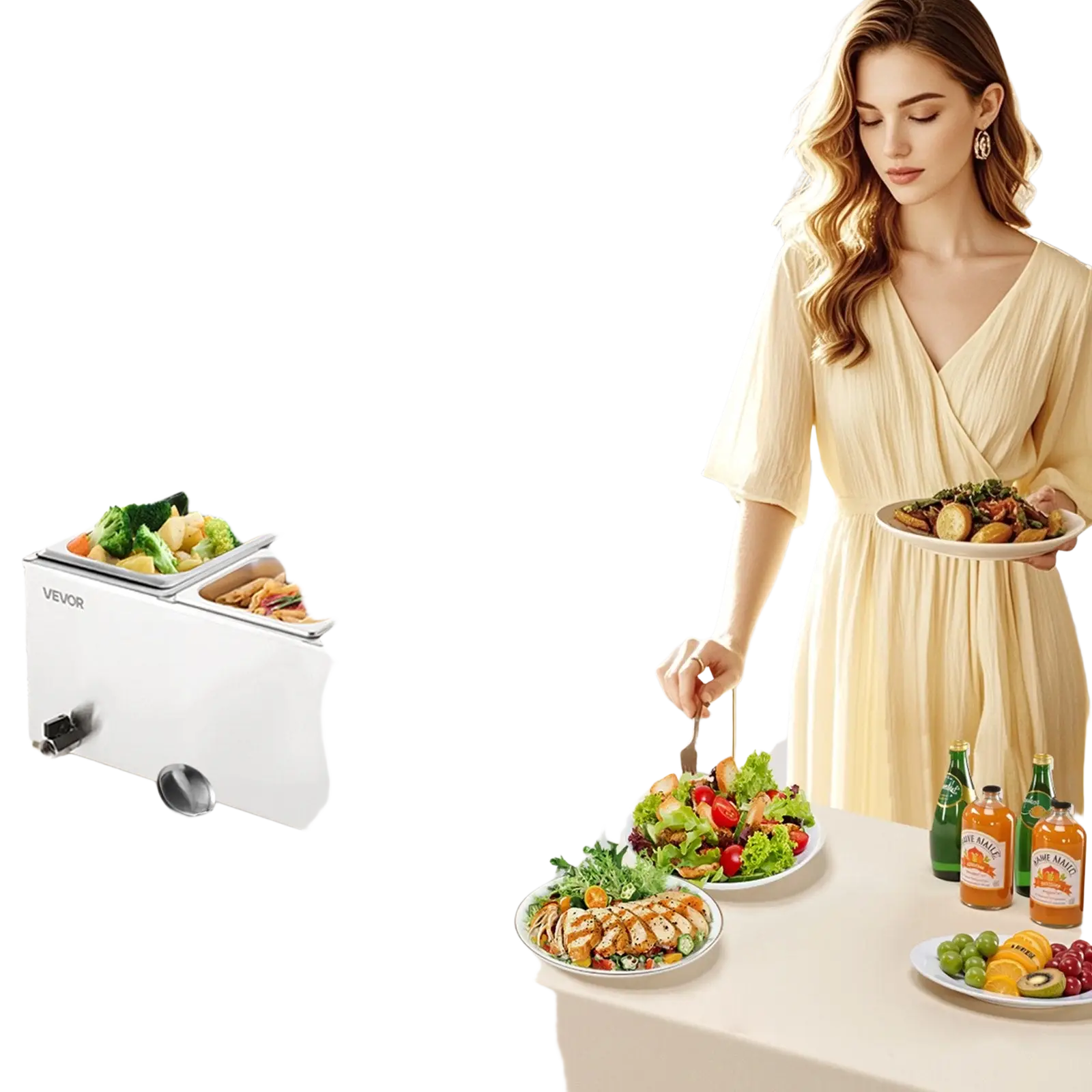 Silver Vevor commercial food warmer with four stainless steel compartments holding prepared foods for countertop use