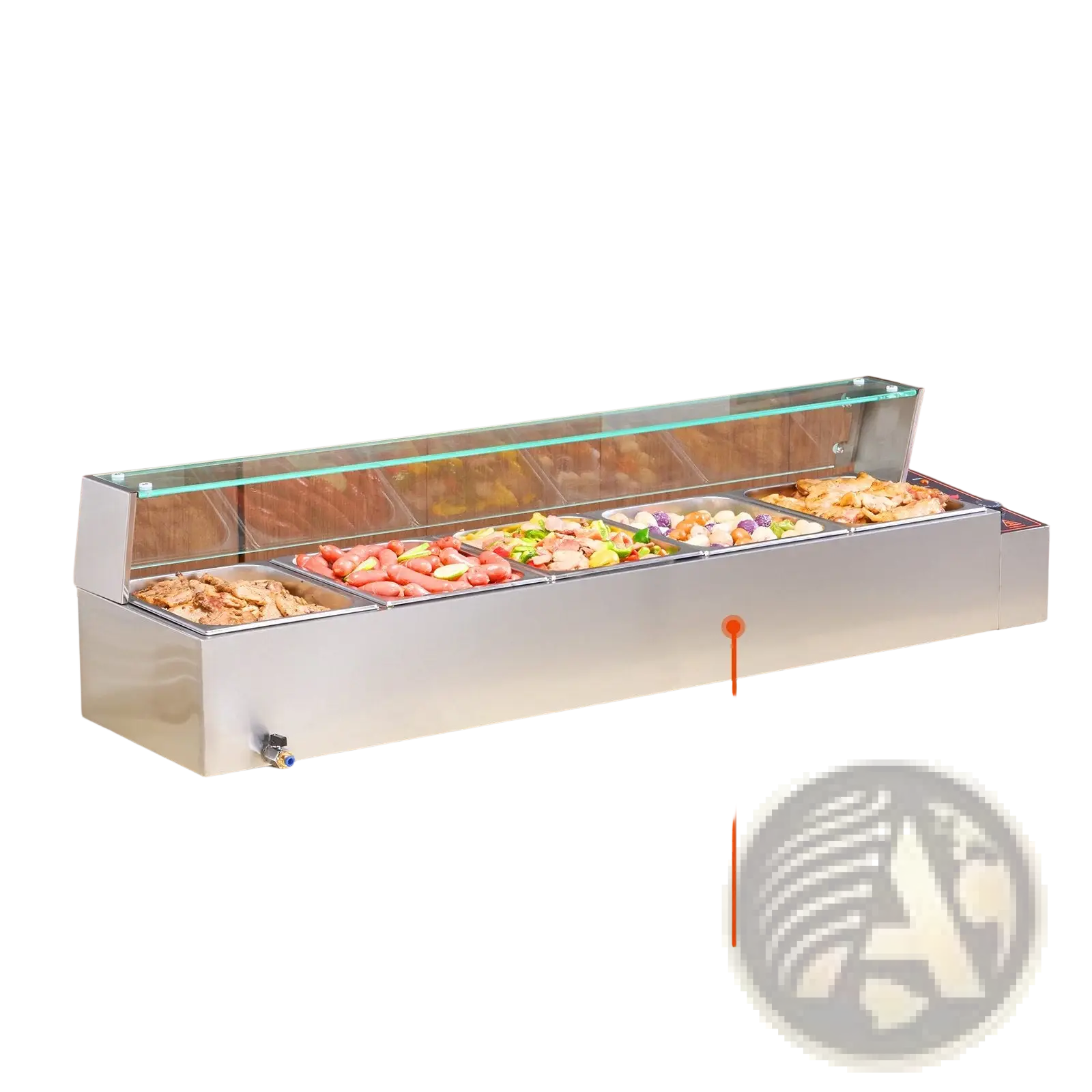 Stainless steel commercial food warmer with glass lid and five compartments for organized hot food display