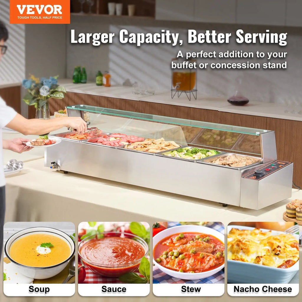 Stainless steel vevor commercial food warmer 5 pan 40qt with glass lid and multiple serving compartments