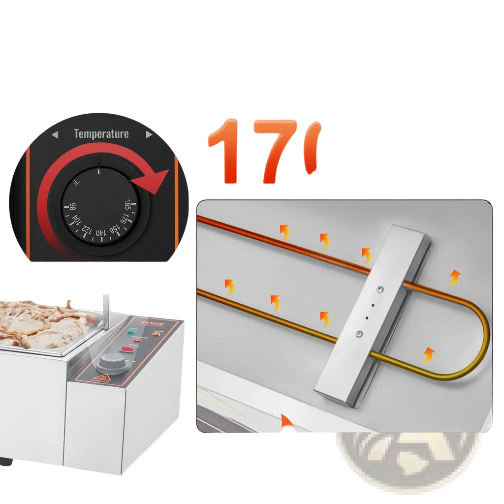 Commercial food warmer 5 pan 40qt with black temperature control dial and u-shaped stainless steel heating tube