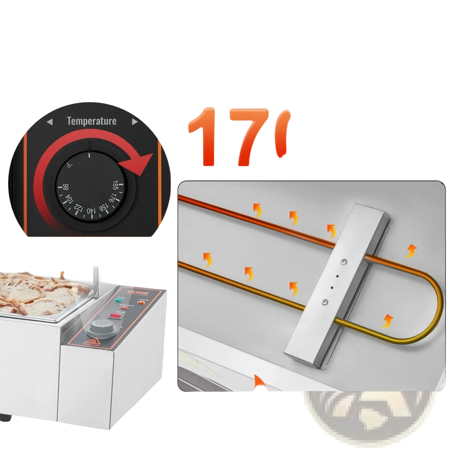 Commercial food warmer 5 pan 40qt with black temperature control dial and u-shaped stainless steel heating tube
