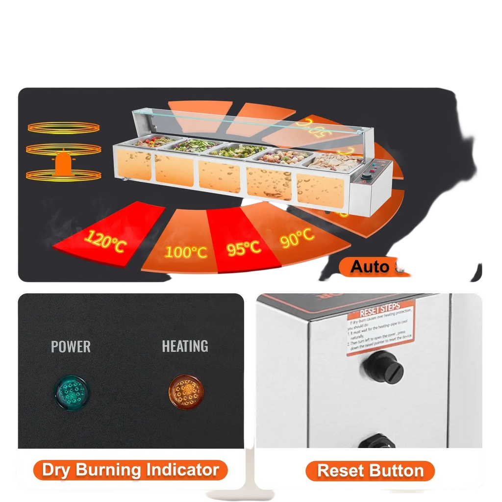 Silver stainless steel commercial food warmer with glass shield and five compartments for salad display and warming