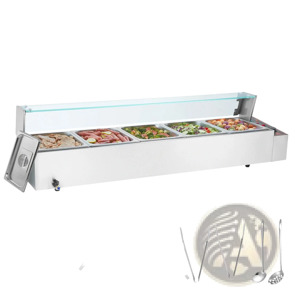 Stainless steel commercial food warmer 5 pan 40qt with glass shield and multiple serving trays for salad bar use