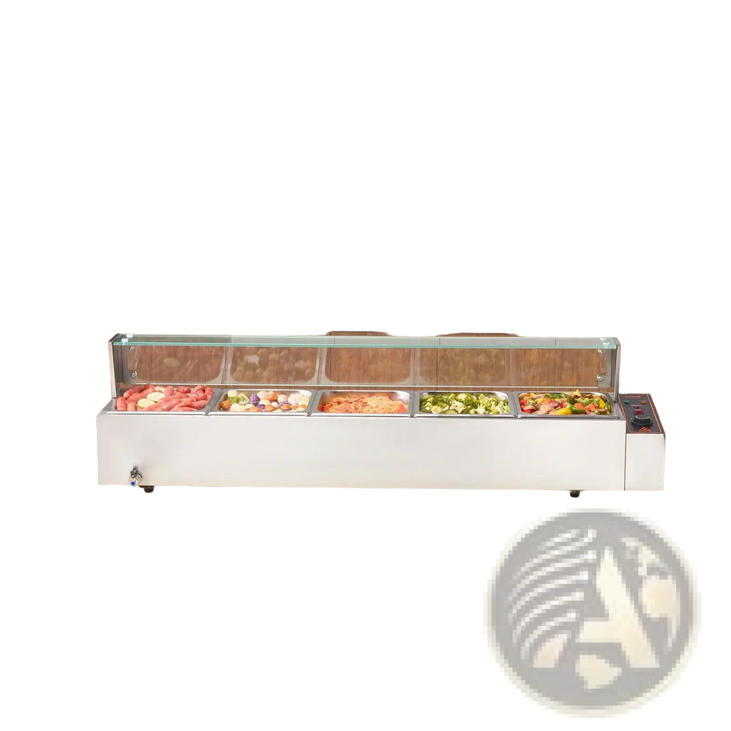 White stainless steel commercial food warmer with glass shield and five compartments holding prepared foods