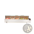 White stainless steel commercial food warmer with glass shield and five compartments holding prepared foods