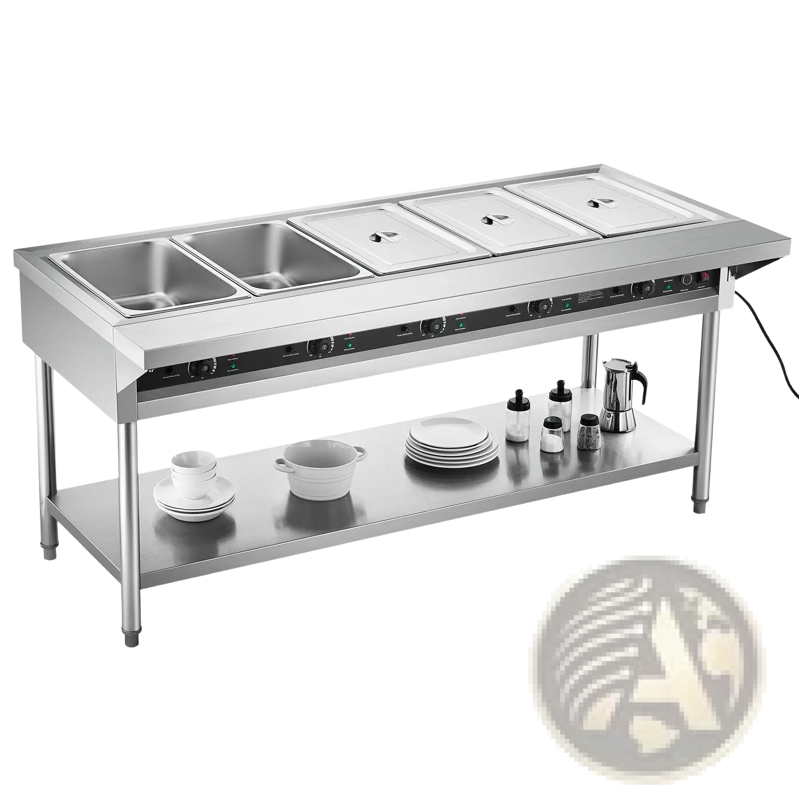 Stainless steel commercial food warmer 5 pan steam table cart with four rectangular compartments and lower dinnerware shelf