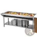 Stainless steel commercial food warmer 5 pan steam table cart with five compartments holding pasta and eggs