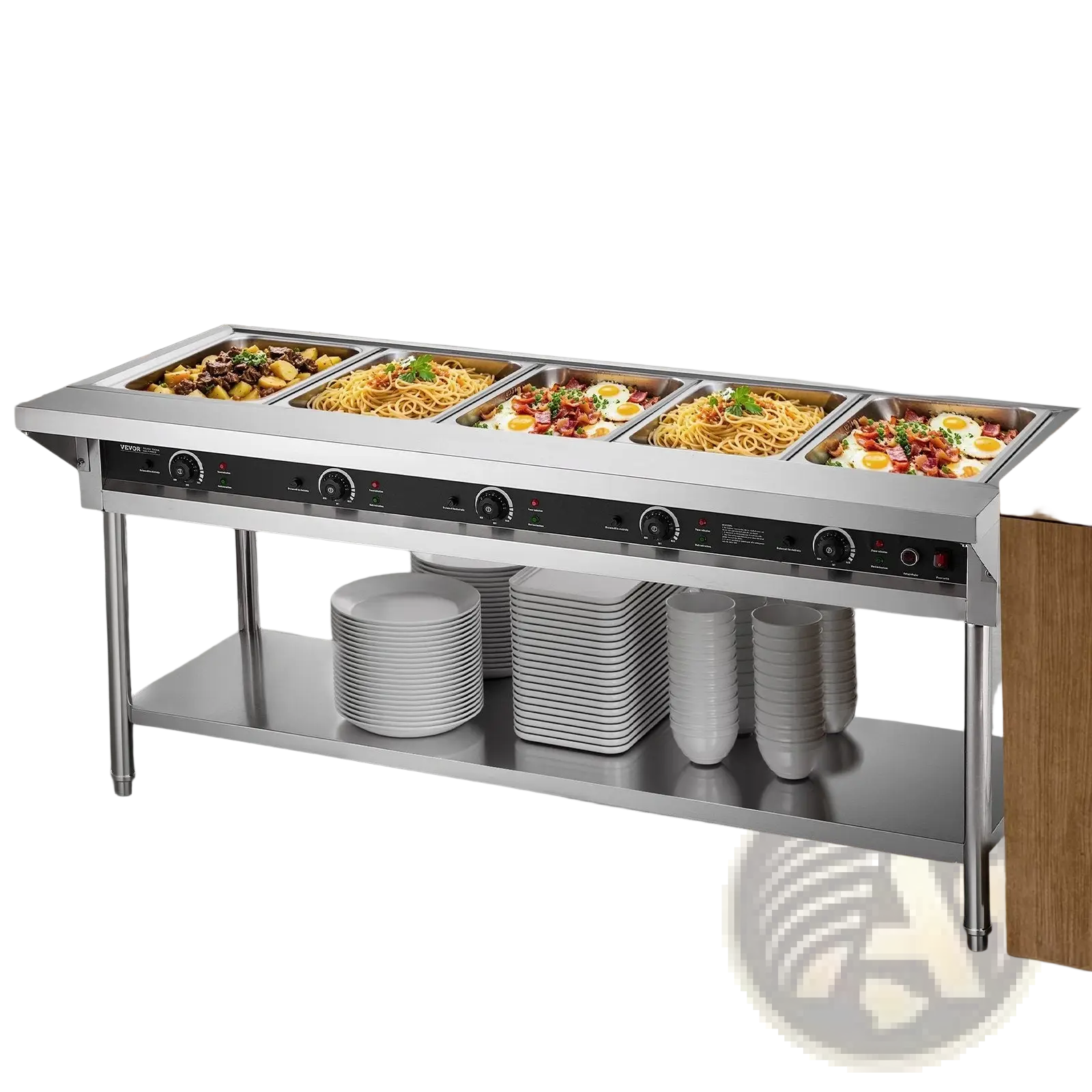 Stainless steel commercial food warmer 5 pan steam table cart with five compartments holding pasta and eggs