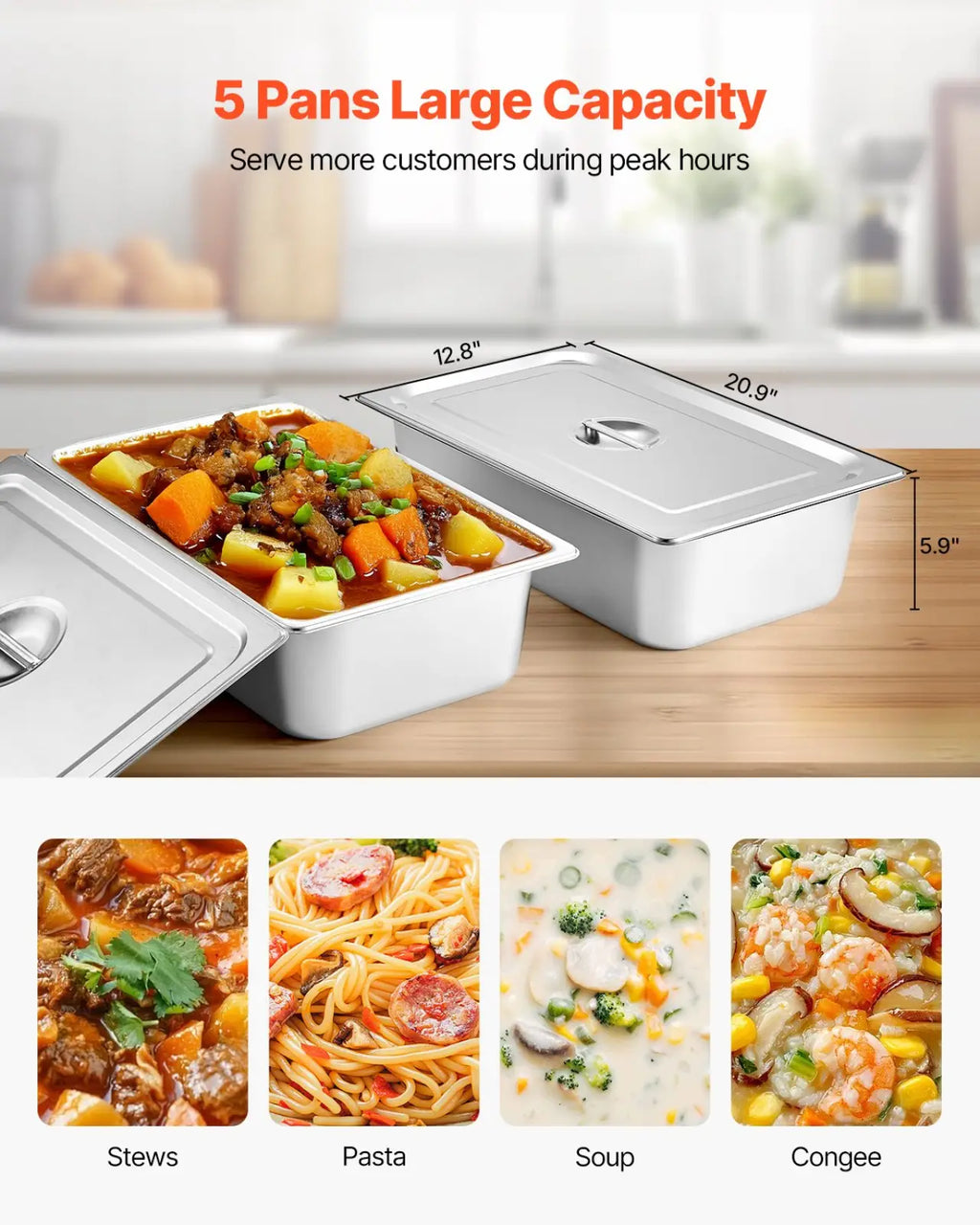 Stainless steel rectangular food pan with lid for serving stews in a commercial food warmer 5 pan steam table cart