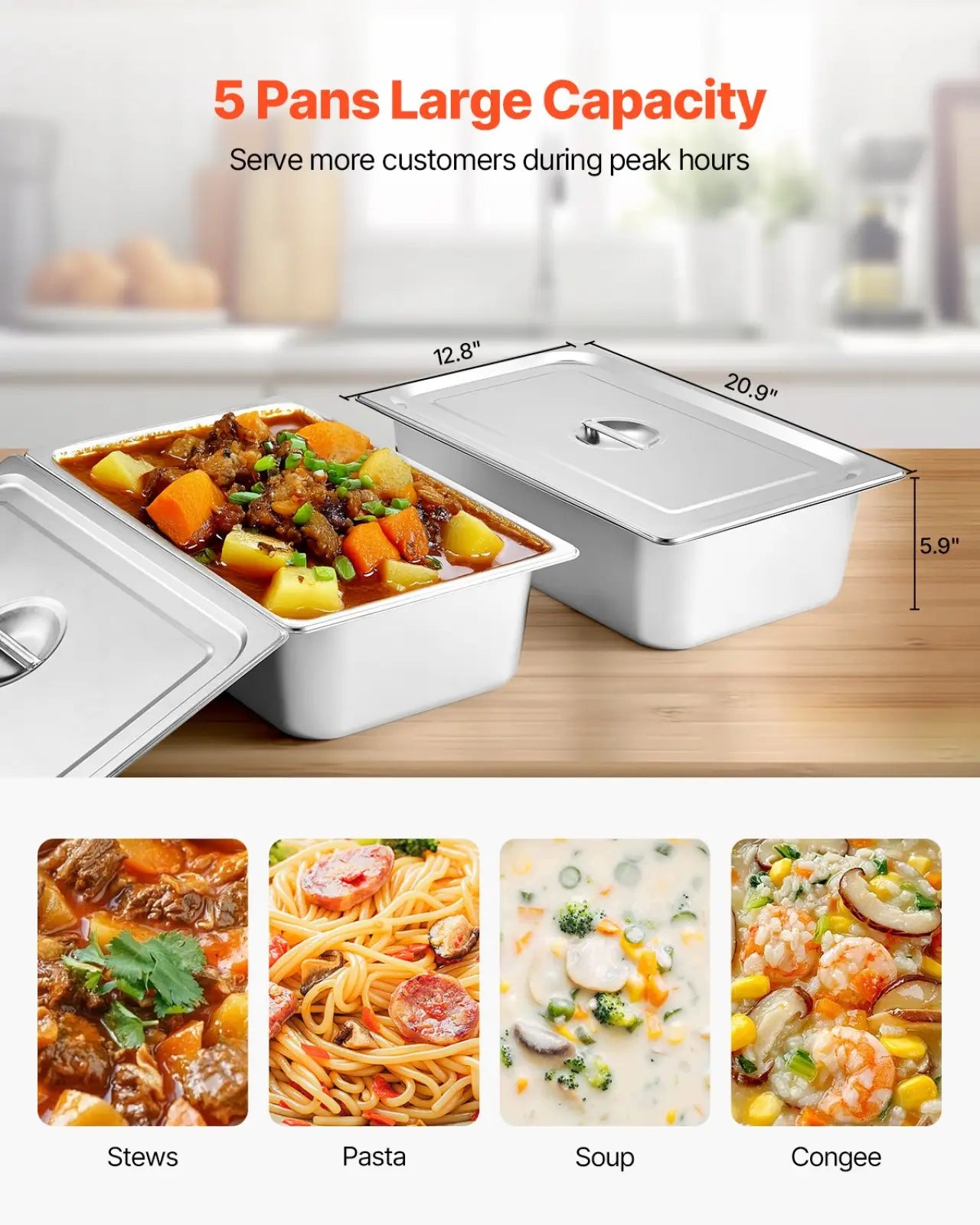 Stainless steel rectangular food pan with lid for serving stews in a commercial food warmer 5 pan steam table cart