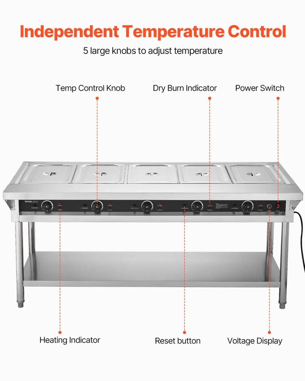 Stainless steel commercial food warmer with five temperature-controlled compartments for buffet use