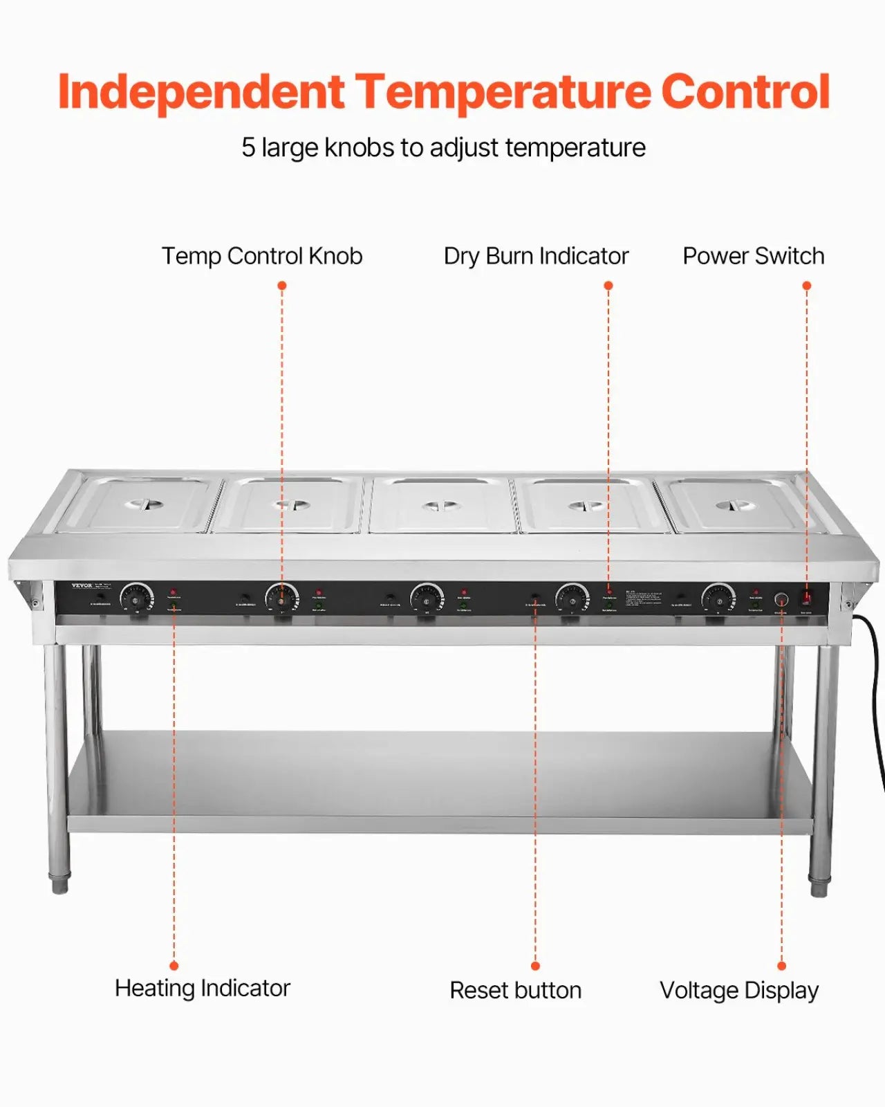 Stainless steel commercial food warmer with five temperature-controlled compartments for buffet use