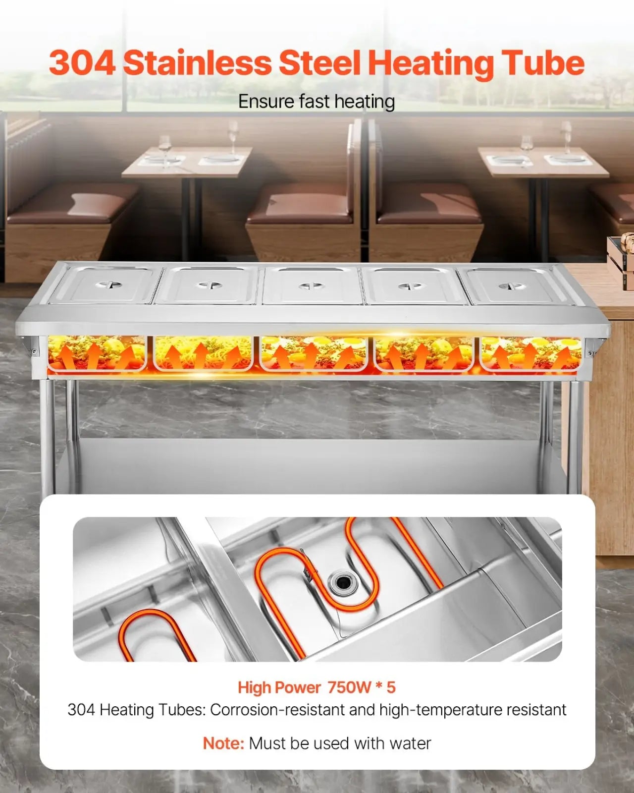 Silver 304 stainless steel commercial food warmer with five compartments and orange heating tubes for food warming