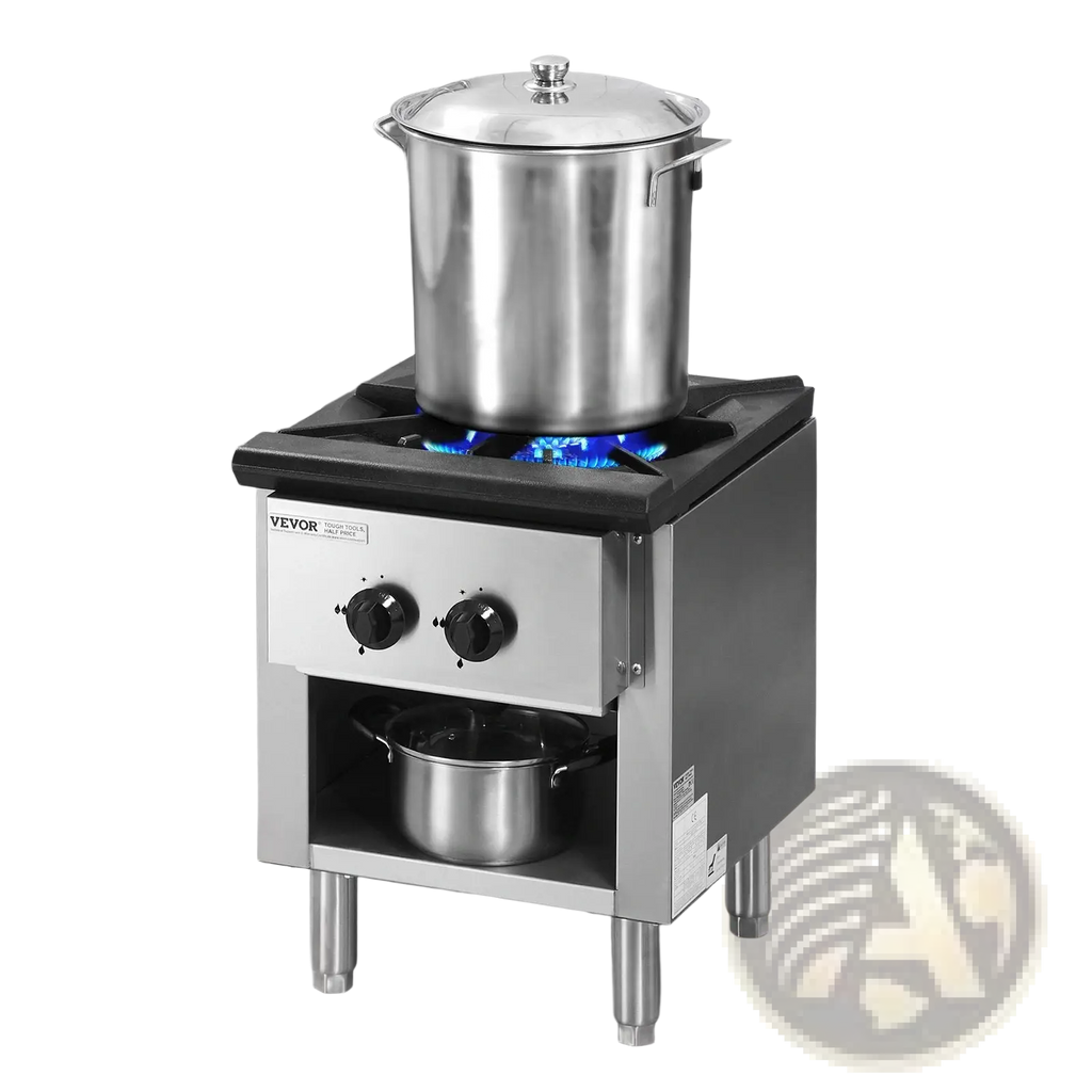 Stainless steel yevor commercial gas range 1 burner 90000 btu hot plate with two black knobs and lower storage shelf