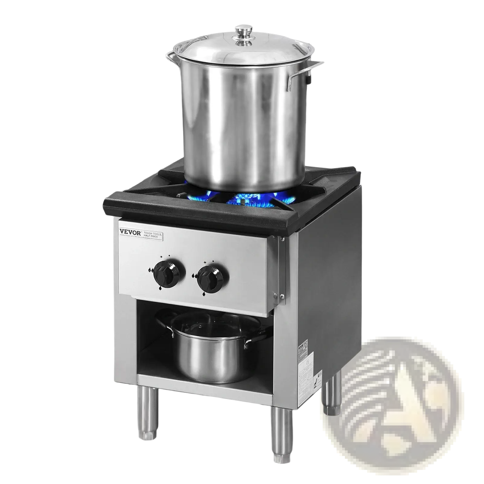 Stainless steel yevor commercial gas range 1 burner 90000 btu hot plate with two black knobs and lower storage shelf