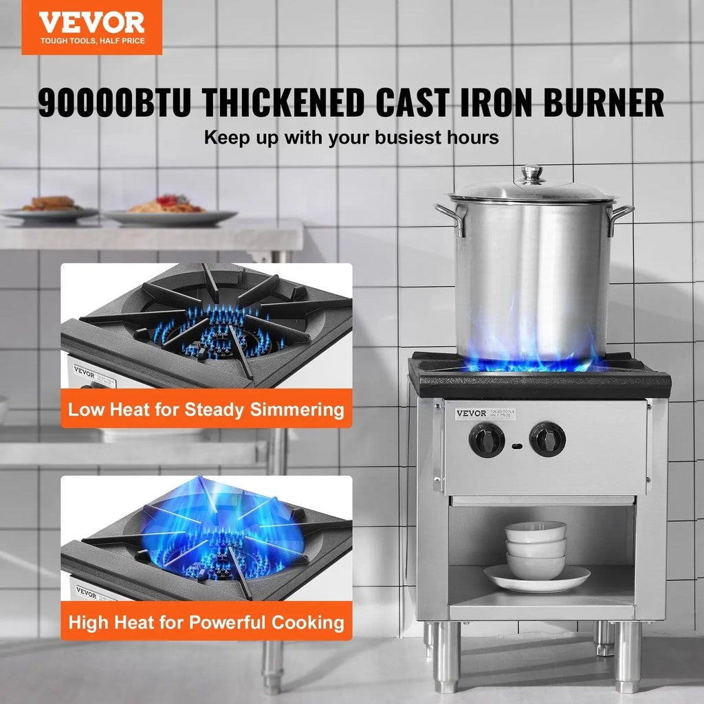 Commercial gas range 1 burner with stainless steel cast iron burner and dual heat settings for steady simmering and cooking