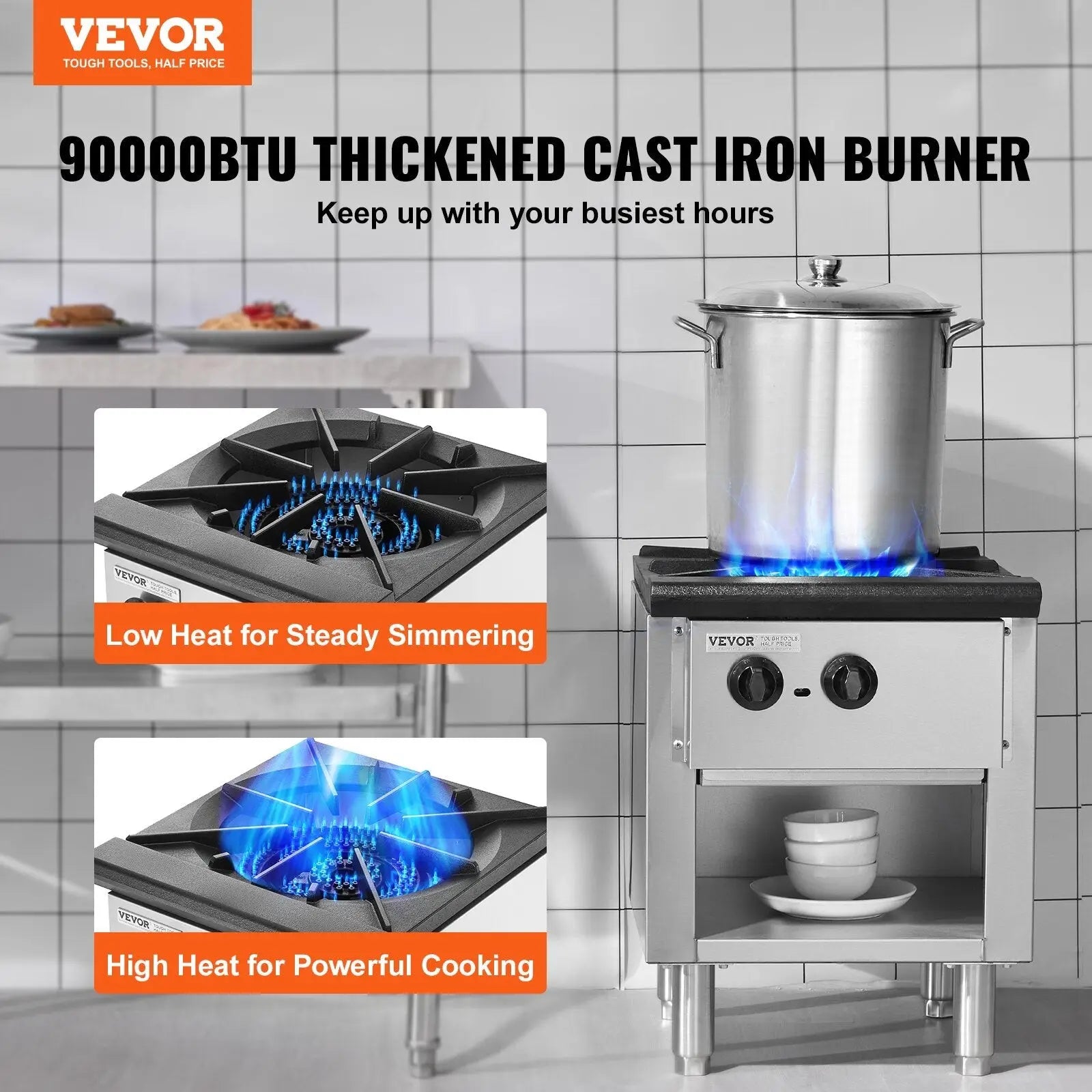 Commercial gas range 1 burner with stainless steel cast iron burner and dual heat settings for steady simmering and cooking