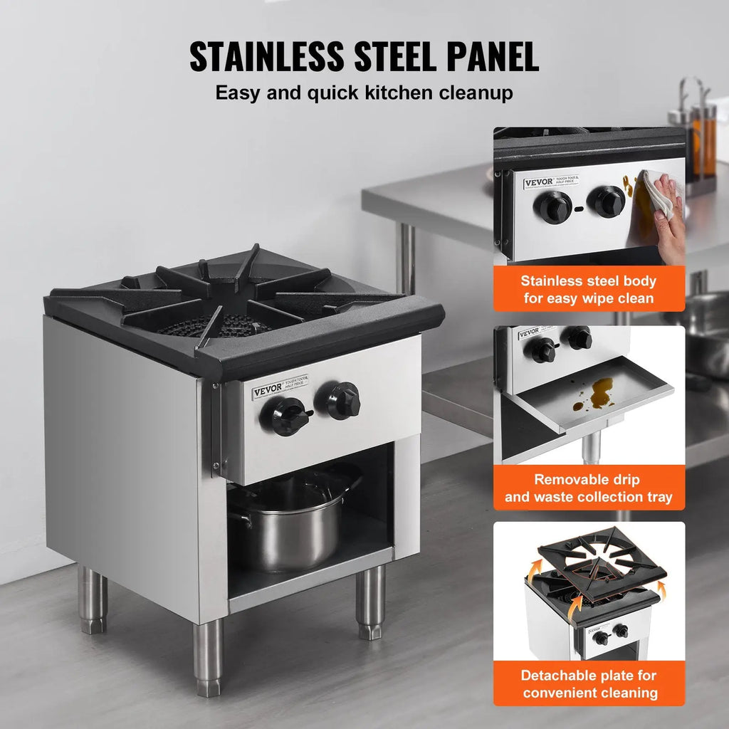 Stainless steel commercial gas range 1 burner hot plate with black grates knobs and removable drip tray for easy cleanup