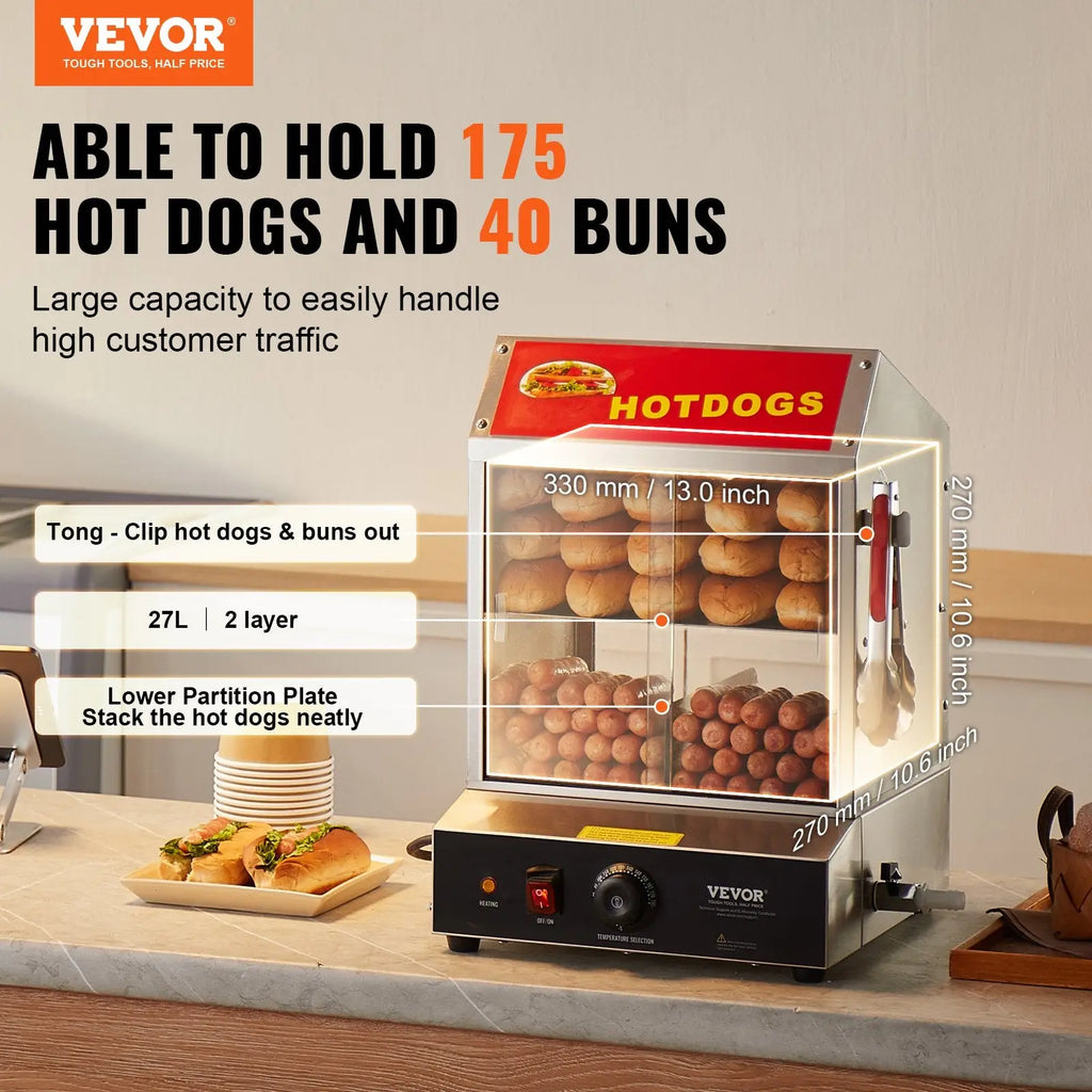 Stainless steel vevor two-layer commercial hot dog steamer and 28.5qt bun warmer with red and black accents