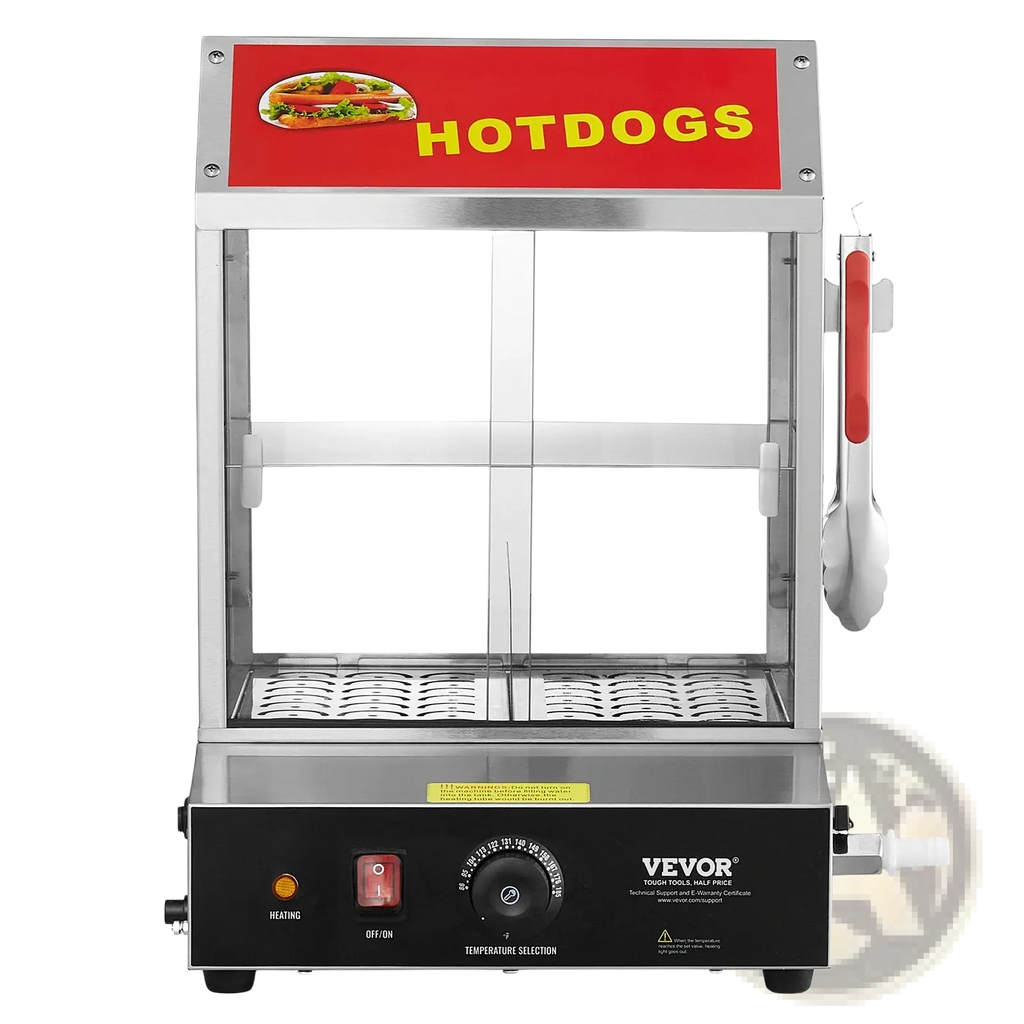 Stainless steel commercial hot dog steamer with 28.5qt bun warmer case red yellow hotdogs sign and black control panel