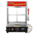 Stainless steel commercial hot dog steamer with 28.5qt bun warmer case red yellow hotdogs sign and black control panel