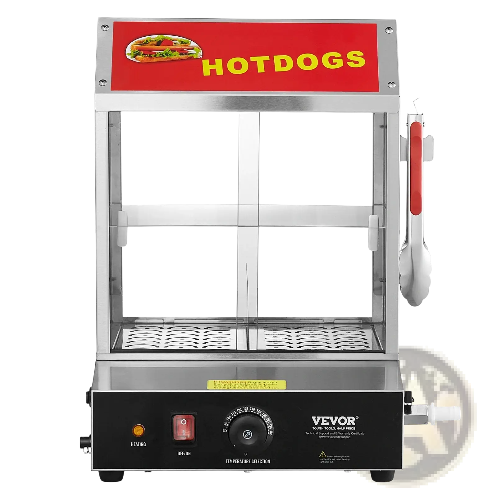 Stainless steel commercial hot dog steamer with 28.5qt bun warmer case red yellow hotdogs sign and black control panel