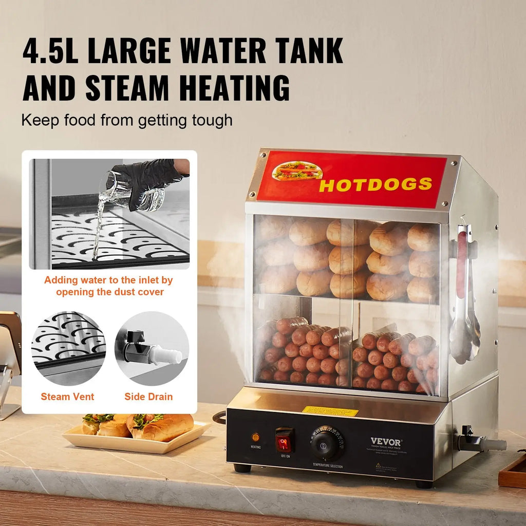 Commercial hot dog steamer with stainless steel body, red hotdogs sign, and dual-tiered glass display case
