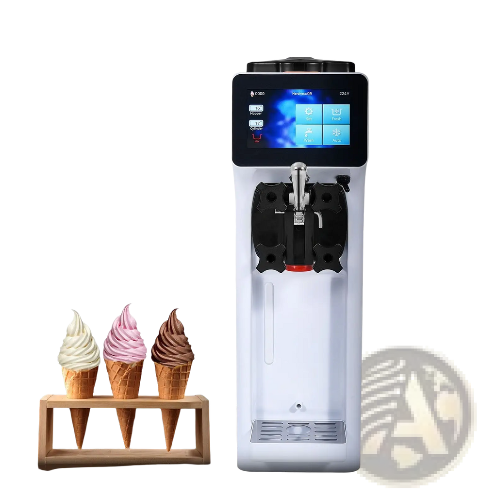 White commercial ice cream machine 1000w soft serve maker with digital touchscreen and black dispensing nozzles
