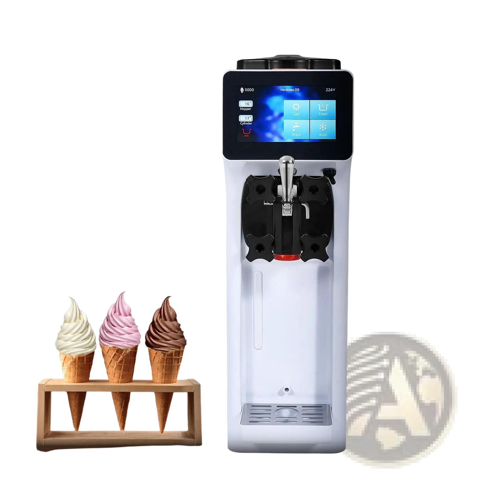 White commercial ice cream machine 1000w soft serve maker with digital touchscreen and black dispensing nozzles