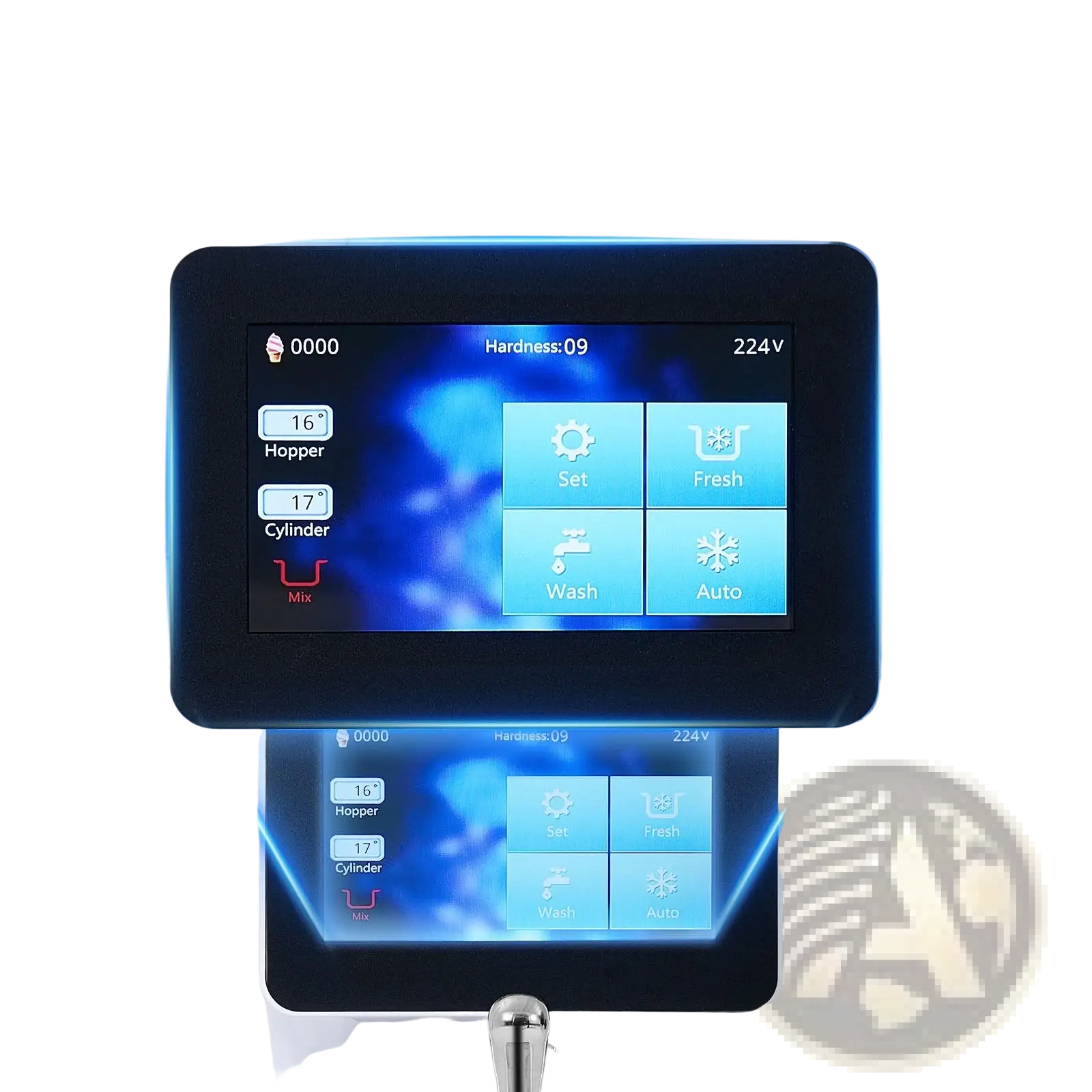 Black digital touch display with blue illuminated interface showing settings for commercial ice cream machine 1000w soft serve maker