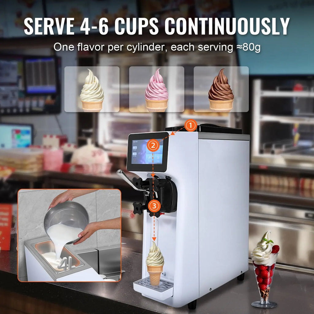 Commercial ice cream machine 1000w soft serve maker white with digital display and three flavor dispensing nozzles
