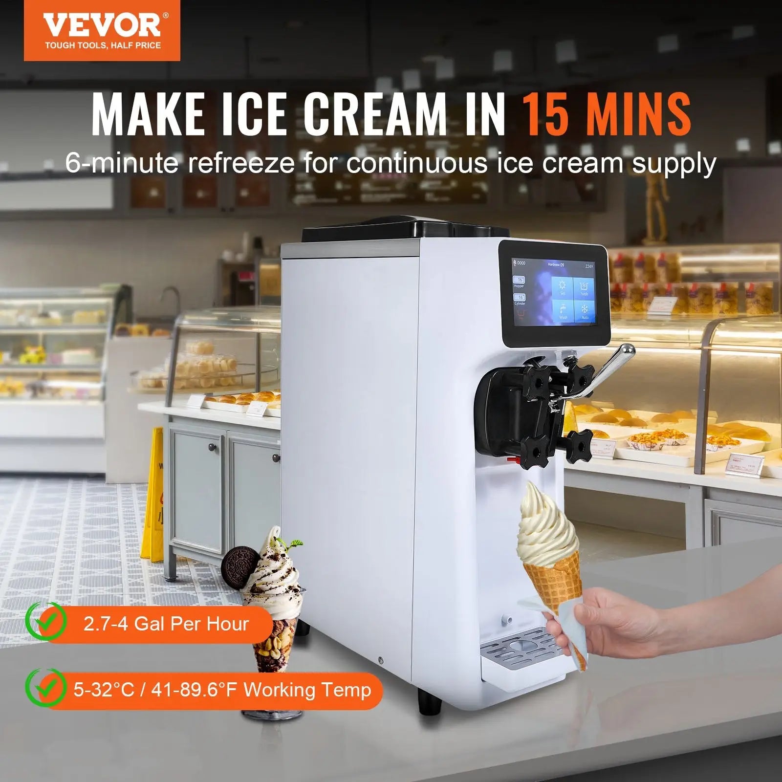 White Vevor commercial ice cream machine with digital display and black dispensing nozzle for soft serve making
