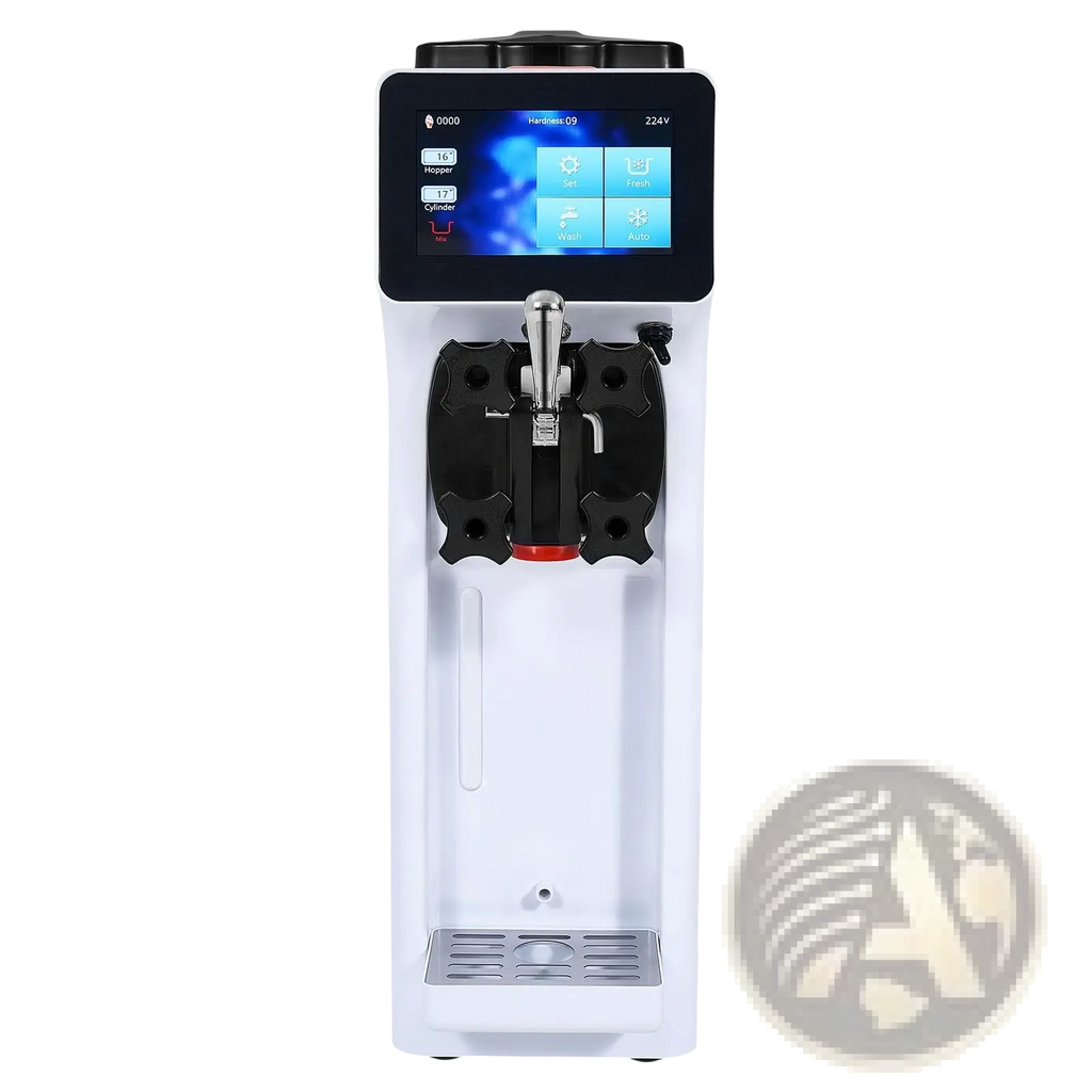 Commercial ice cream machine white countertop soft serve maker with black digital display and dual dispensing nozzles