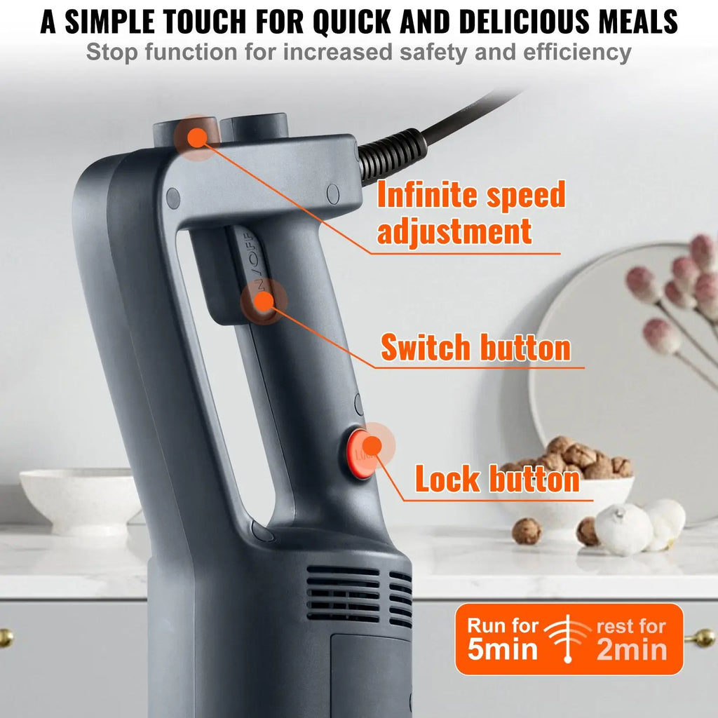 Black commercial immersion blender 500w with variable speed and orange accented textured grip for easy handling