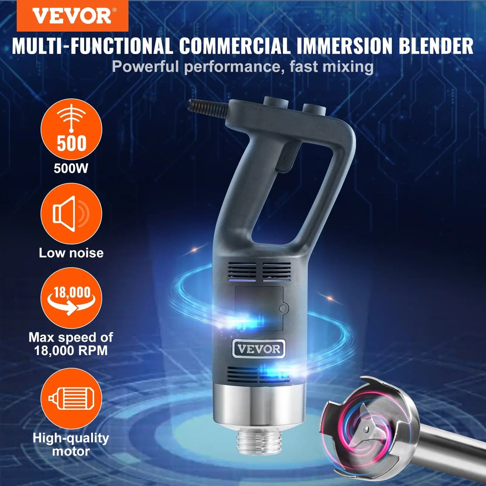 Vevor 500w multi-functional commercial immersion blender with sleek gray and stainless steel design for variable speed use
