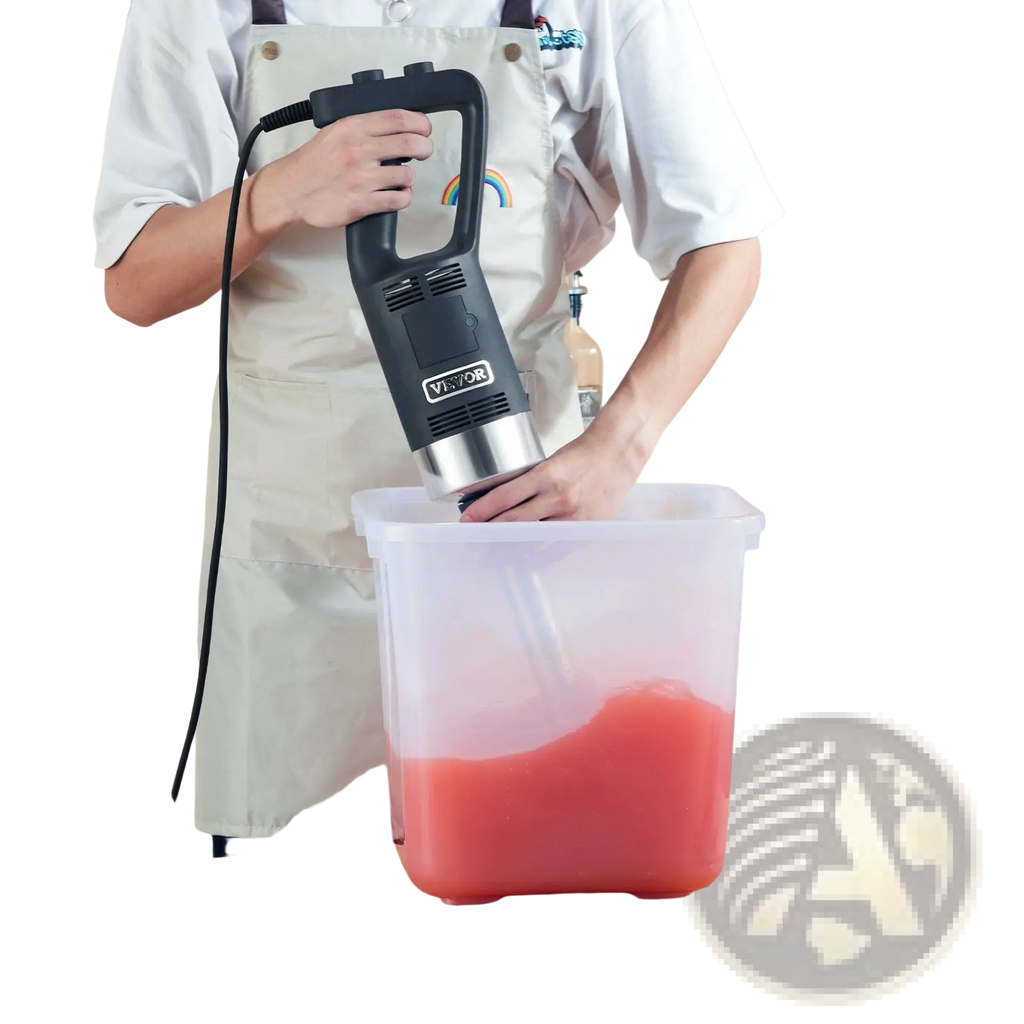 Black and silver Vevor commercial immersion blender 500w with ergonomic grip blending red liquid in clear plastic container
