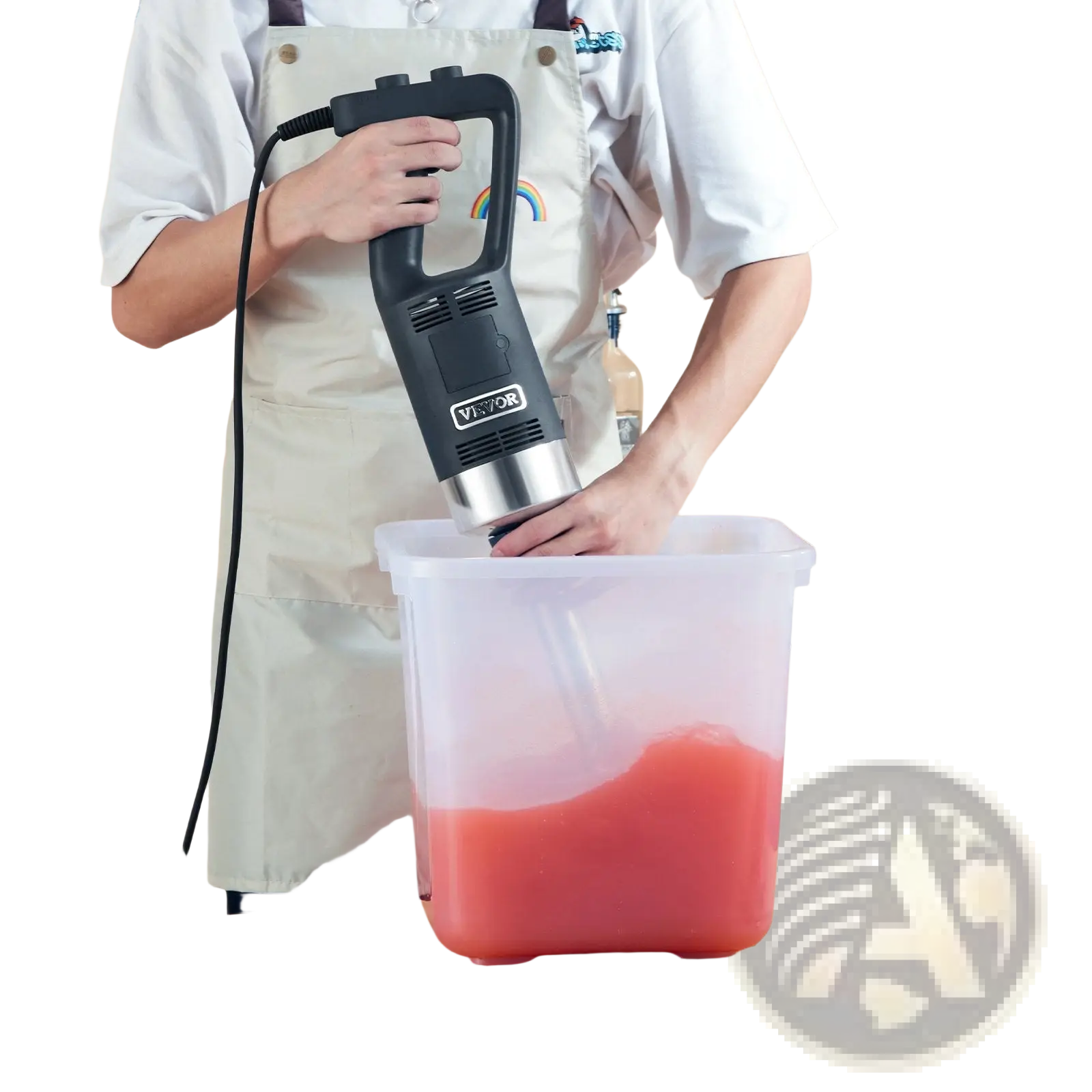 Black and silver Vevor commercial immersion blender 500w with ergonomic grip blending red liquid in clear plastic container