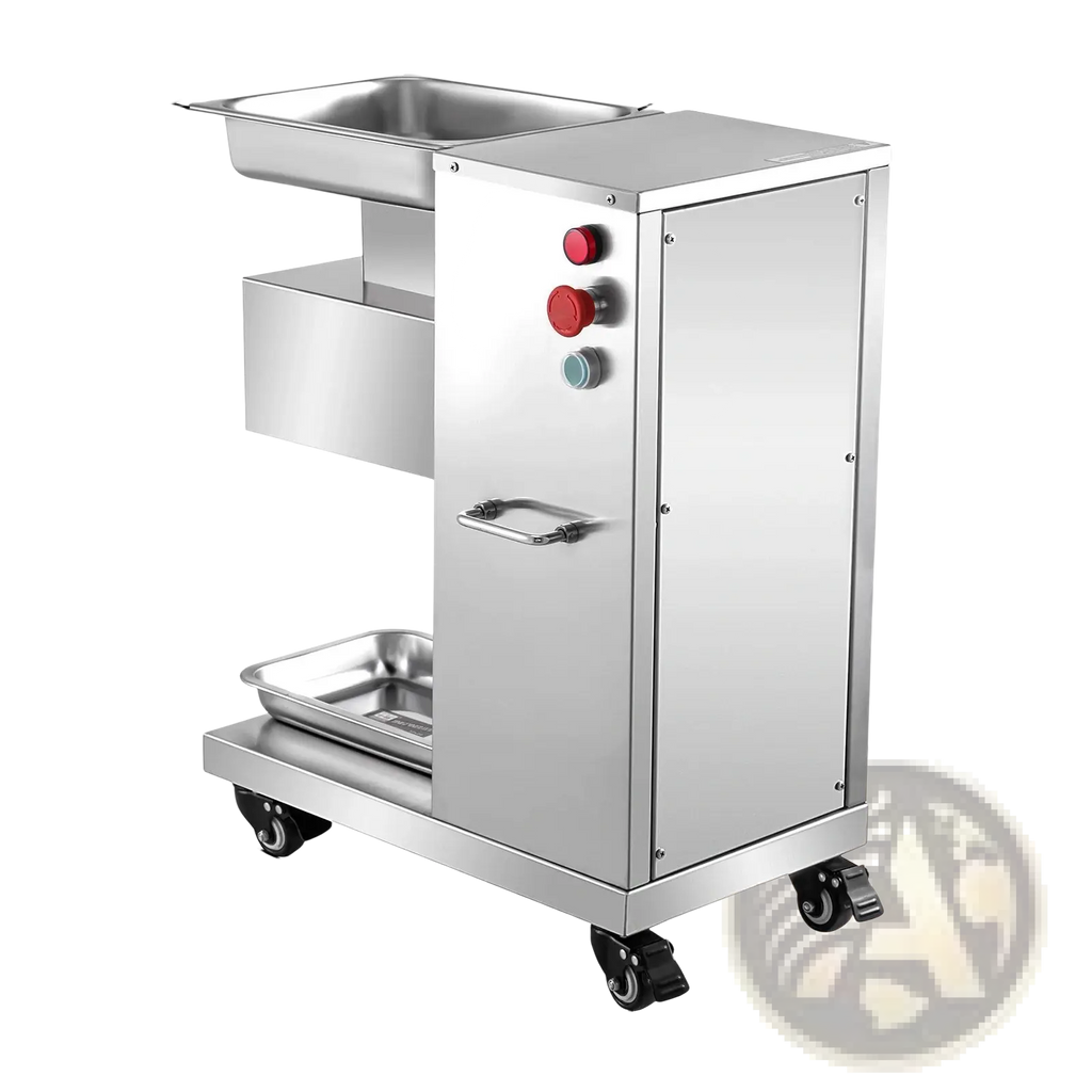 Stainless steel commercial meat cutter machine on mobile cart with red and green control buttons for slicing