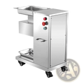 Stainless steel commercial meat cutter machine on mobile cart with red and green control buttons for slicing