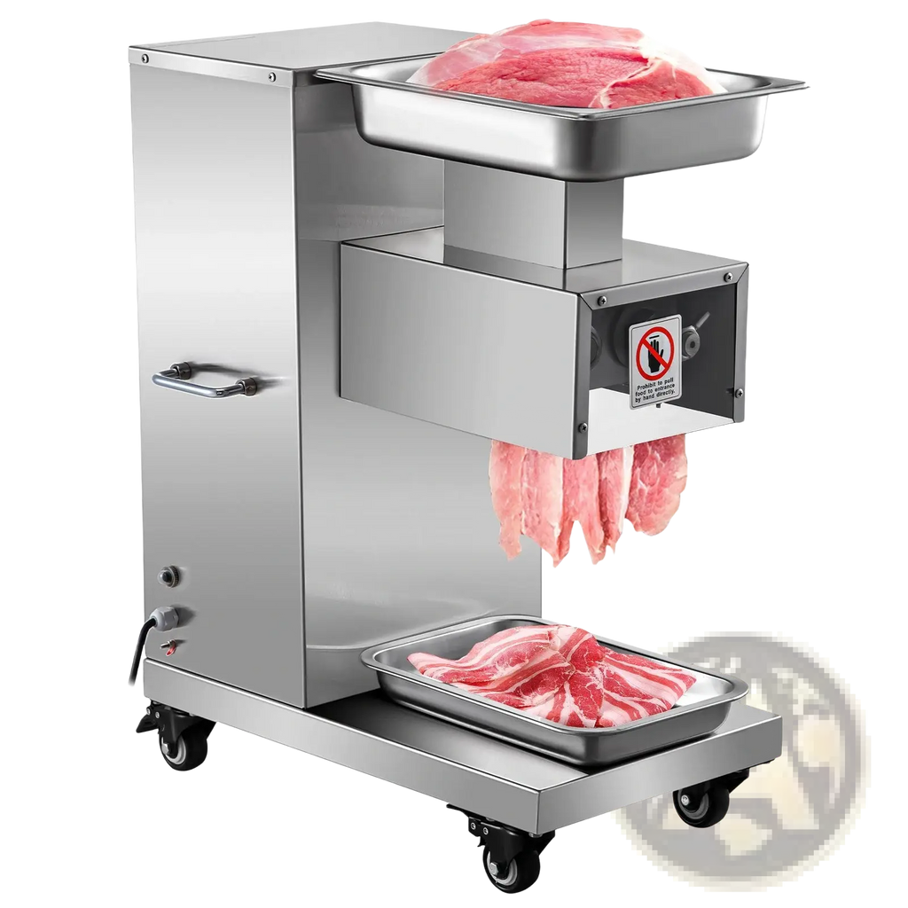 Stainless steel commercial meat cutter machine with 1100lb per hour capacity rectangular feeding tray and safety label