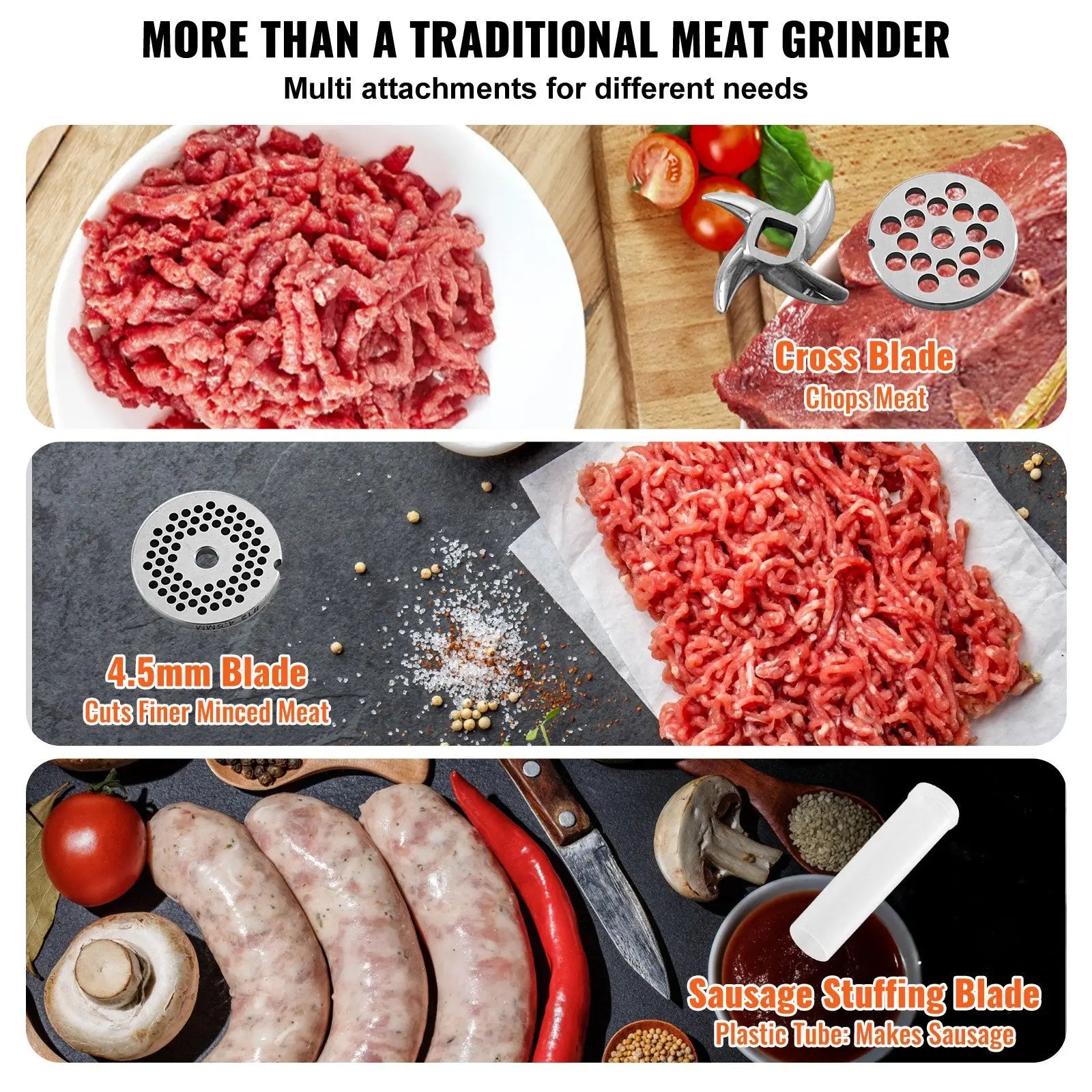 Commercial meat grinder silver stainless steel with 550w motor and interchangeable attachments for grinding and sausage-making