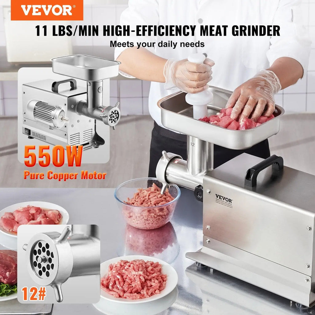 Stainless steel commercial meat grinder with 11 lbs per minute capacity and pure copper motor 12# grinding plate