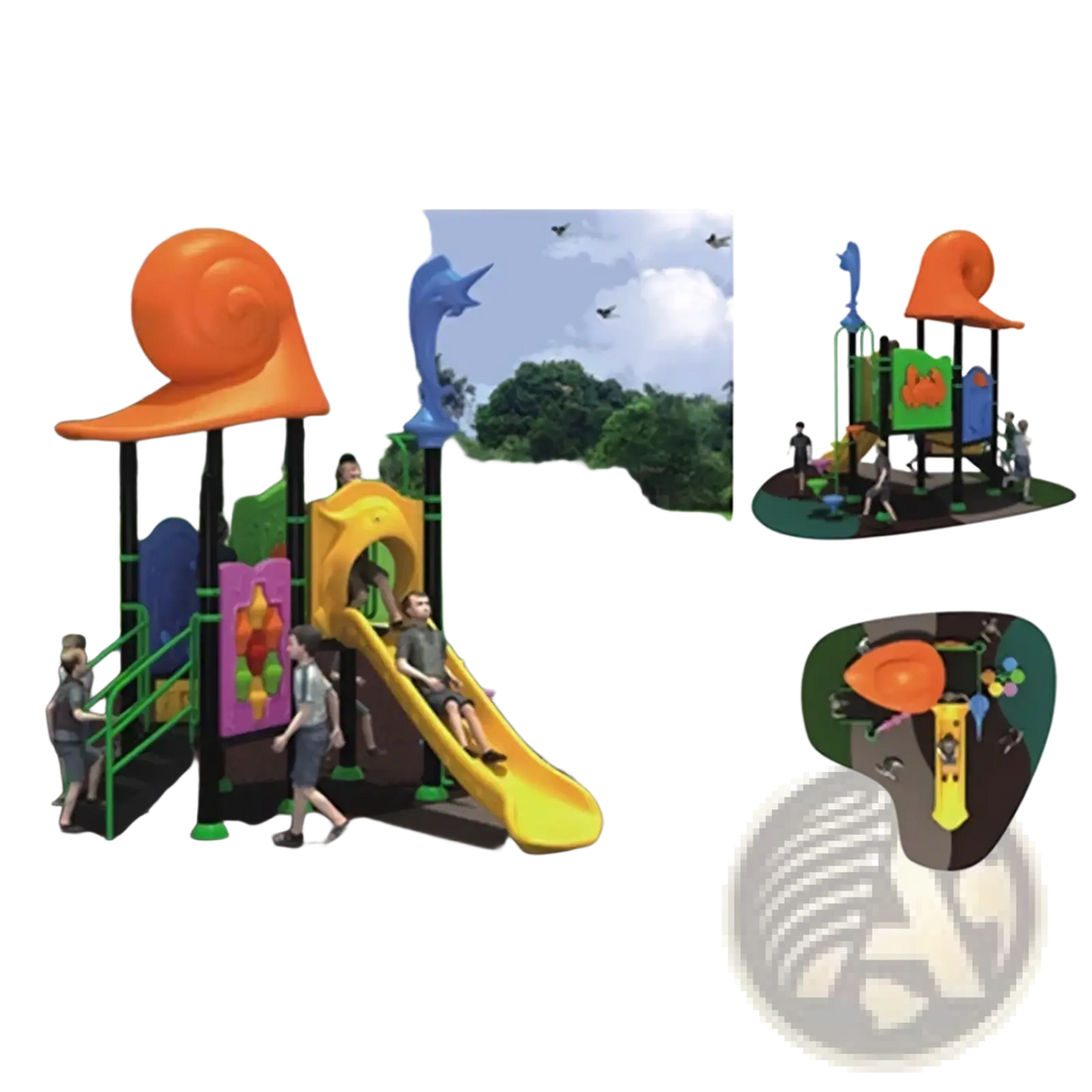 Commercial outdoor playground equipment featuring a bright orange and blue snail-shaped top and yellow slide for children