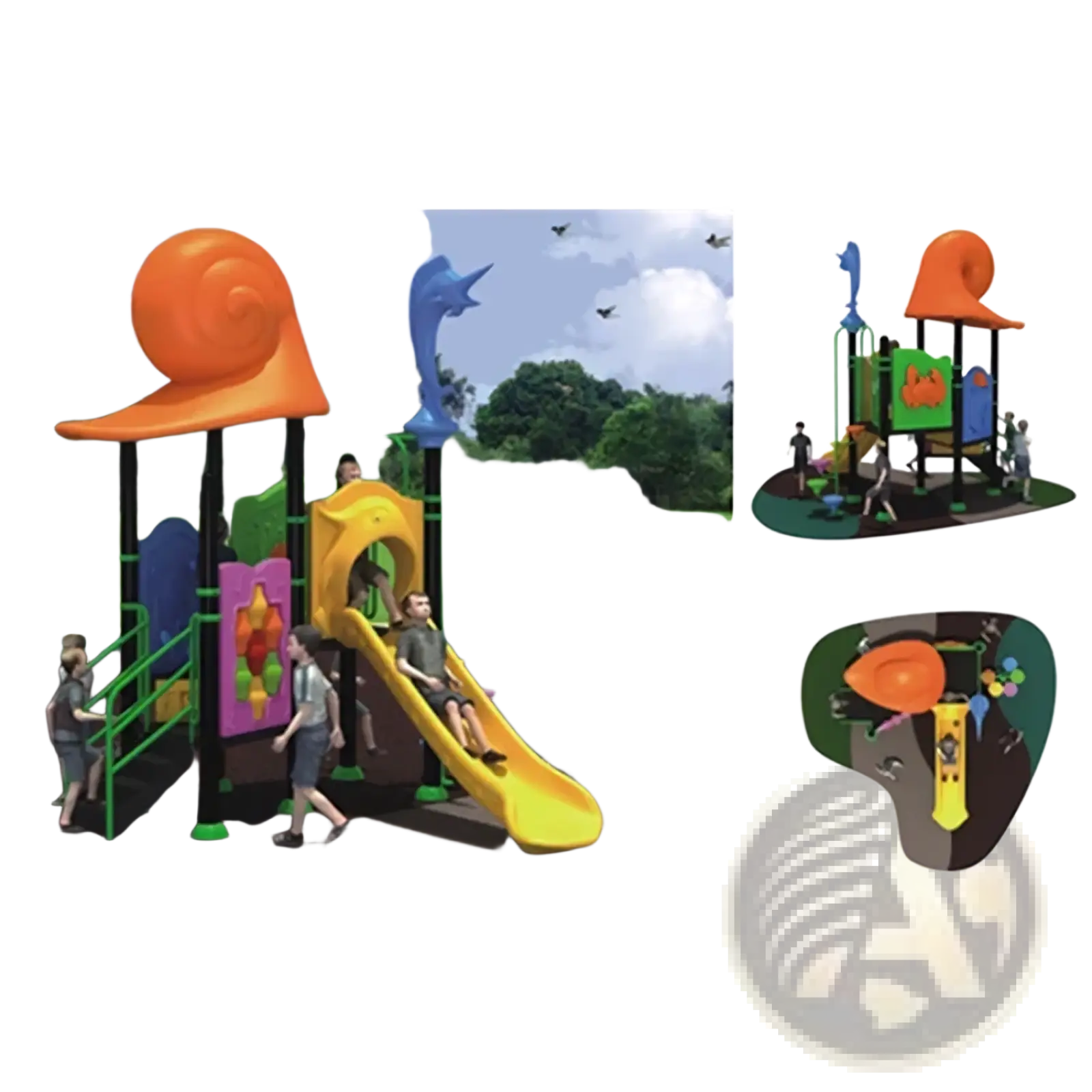 Commercial outdoor playground equipment featuring a bright orange and blue snail-shaped top and yellow slide for children