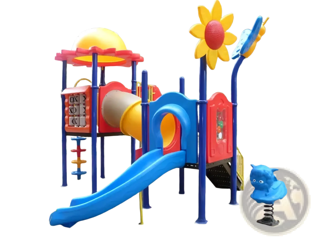 Commercial outdoor playground equipment with brightly colored plastic slide red and yellow climbing structures and decorative figures