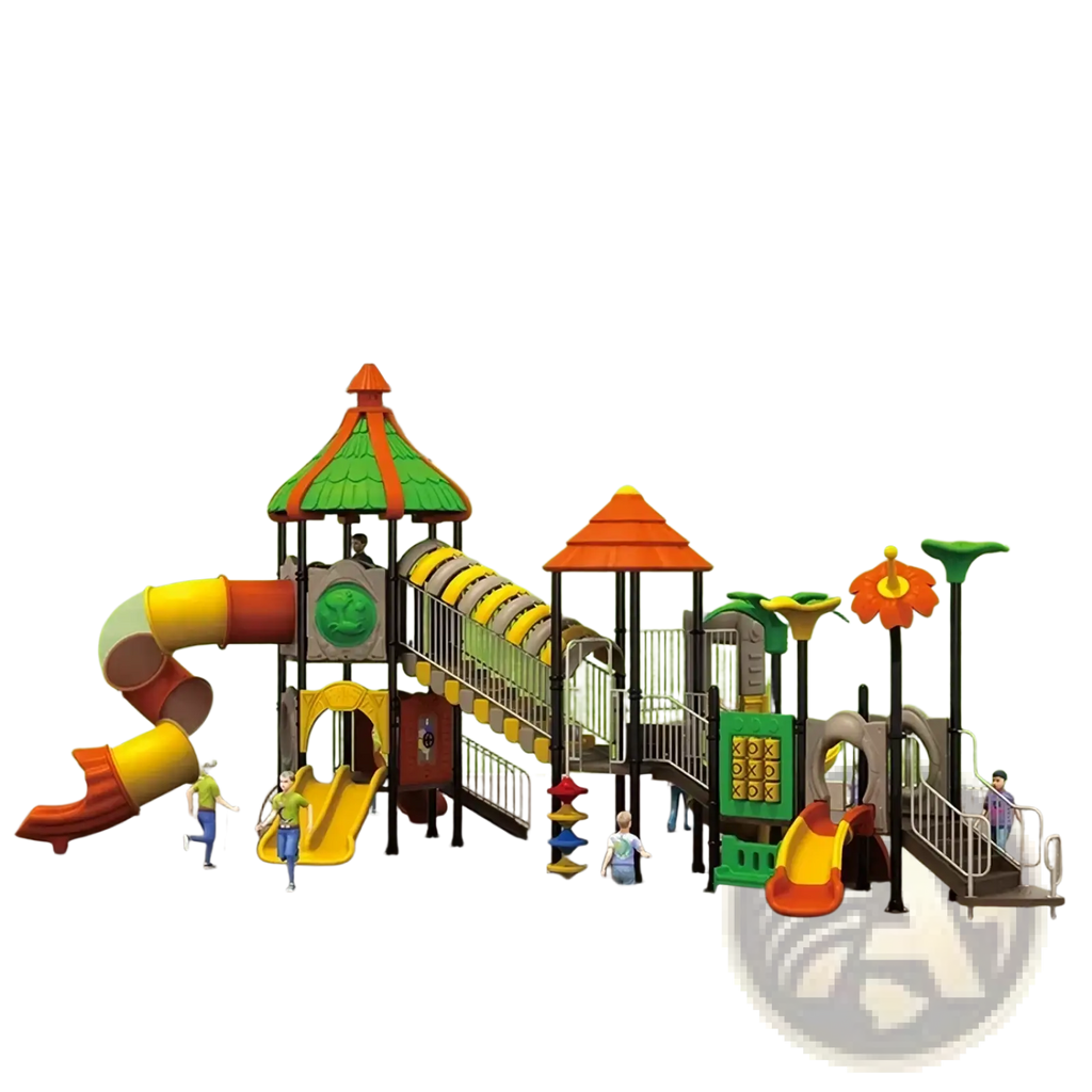 Colorful plastic commercial outdoor playground equipment with slides climbing walls and decorative elements for children