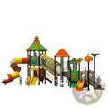 Colorful plastic commercial outdoor playground equipment with slides climbing walls and decorative elements for children