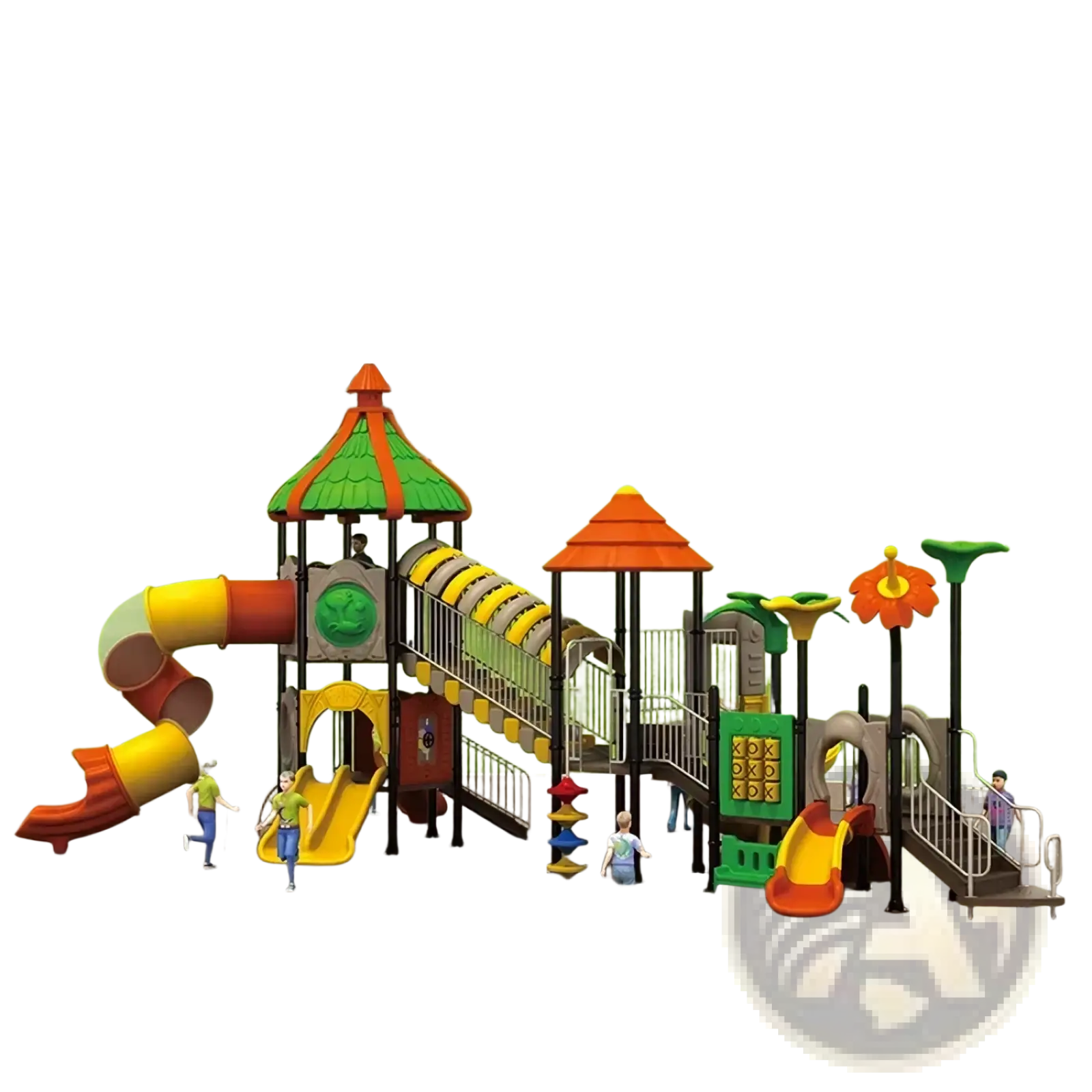 Colorful plastic commercial outdoor playground equipment with slides climbing walls and decorative elements for children